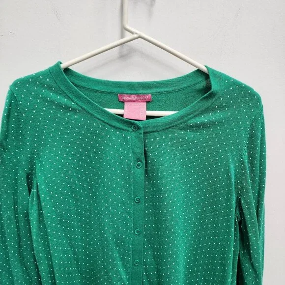 Woman Within Button Up Cardigan Womens Large Green Polka Dot Preppy Casual - Picture 2 of 9